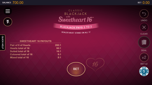 Classic Blackjack with Sweetheart 16 - Gameplay Image